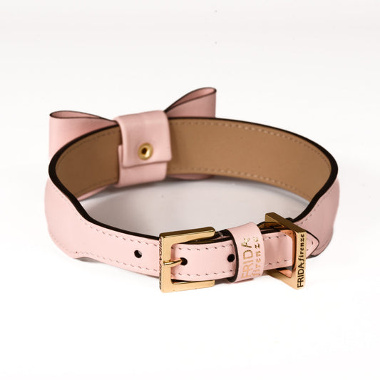 Leather Dog Collar in Pink - Rock Bow, Made in Italy