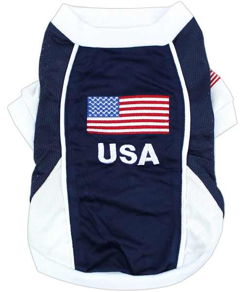 Parisian Pet 'Team USA' Dog & Cat Shirt – Embroidered USA Jersey, Perfect for Sports and Vacations – Red, White, and Blue