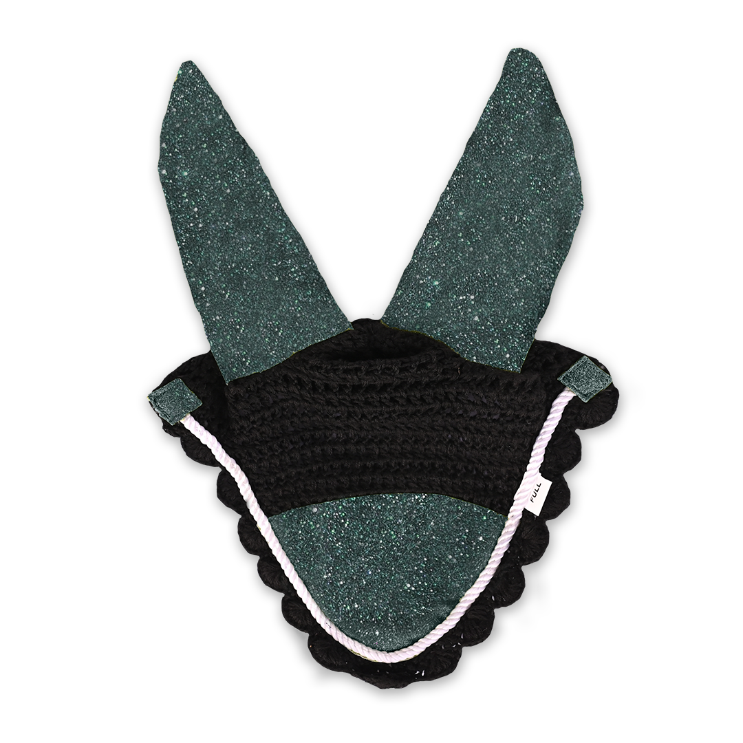 Jade Green Fly Hat by Southlake Paws featuring sparkly green ears and a black crocheted base with scalloped edges.