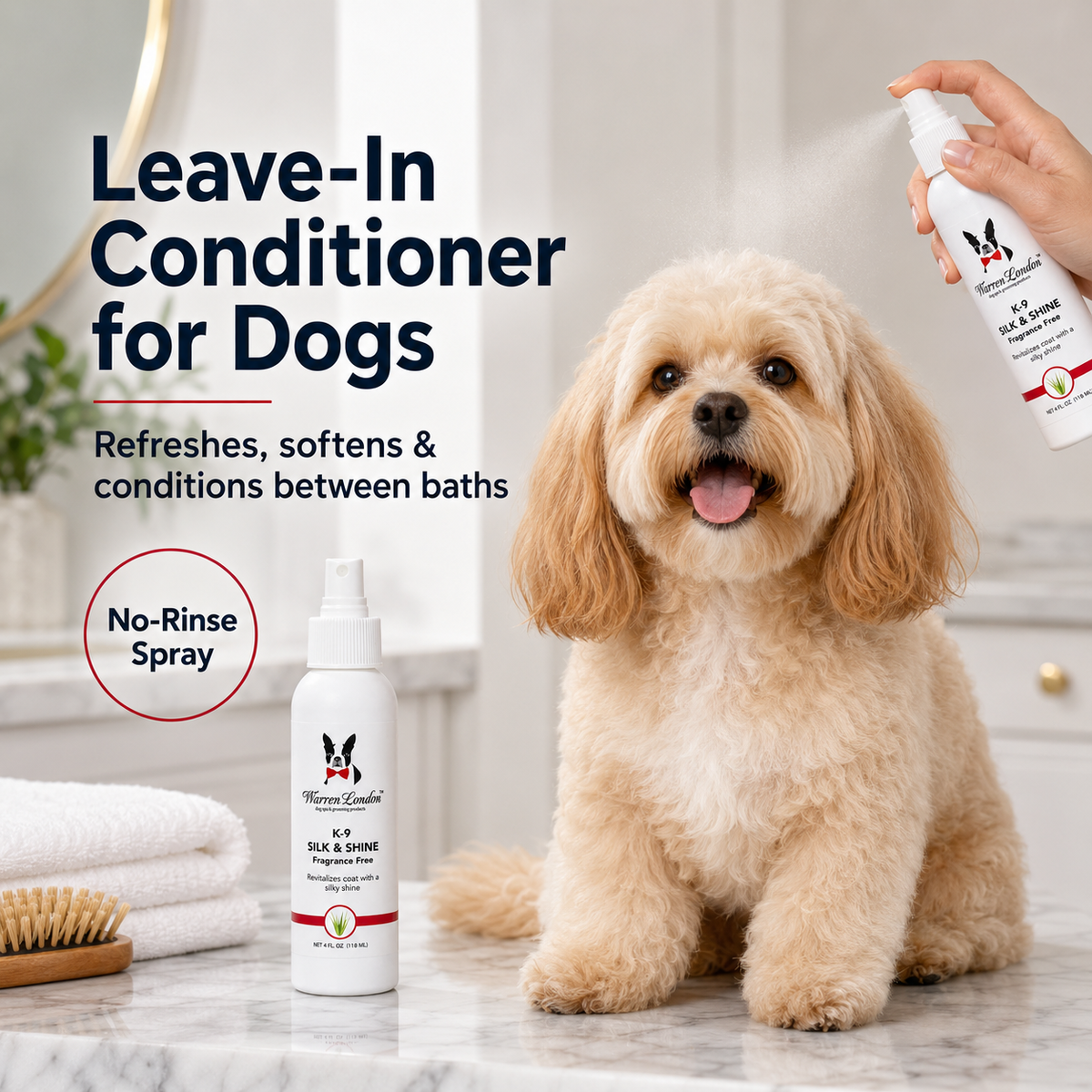 Leave-in conditioner for dogs, K9 Silk & Shine, with a spray bottle next to a fluffy dog, promoting coat revitalization.
