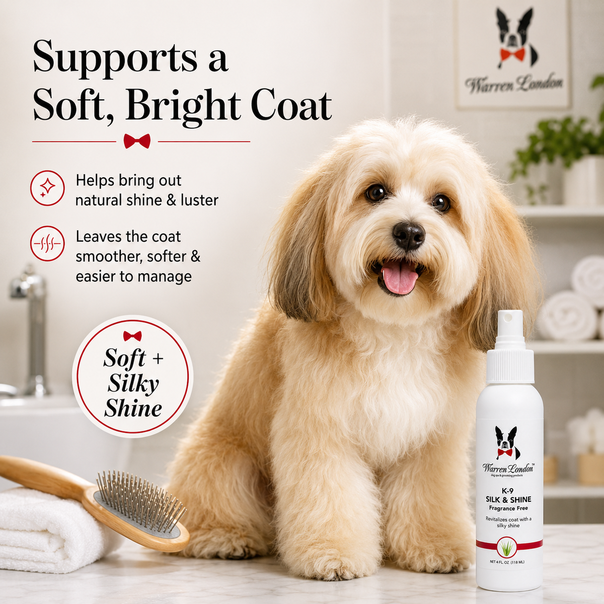 K9 Silk & Shine spray by Southlake Paws, featuring a fluffy dog, a brush, and a bright, clean background.