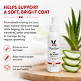 Load image into Gallery viewer, Southlake Paws K9 Silk & Shine spray bottle on a white background with aloe vera, towels, and text highlighting benefits for 
