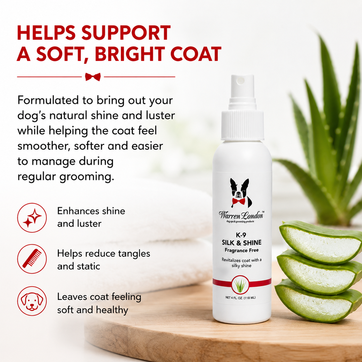 Southlake Paws K9 Silk & Shine spray bottle on a white background with aloe vera, towels, and text highlighting benefits for 