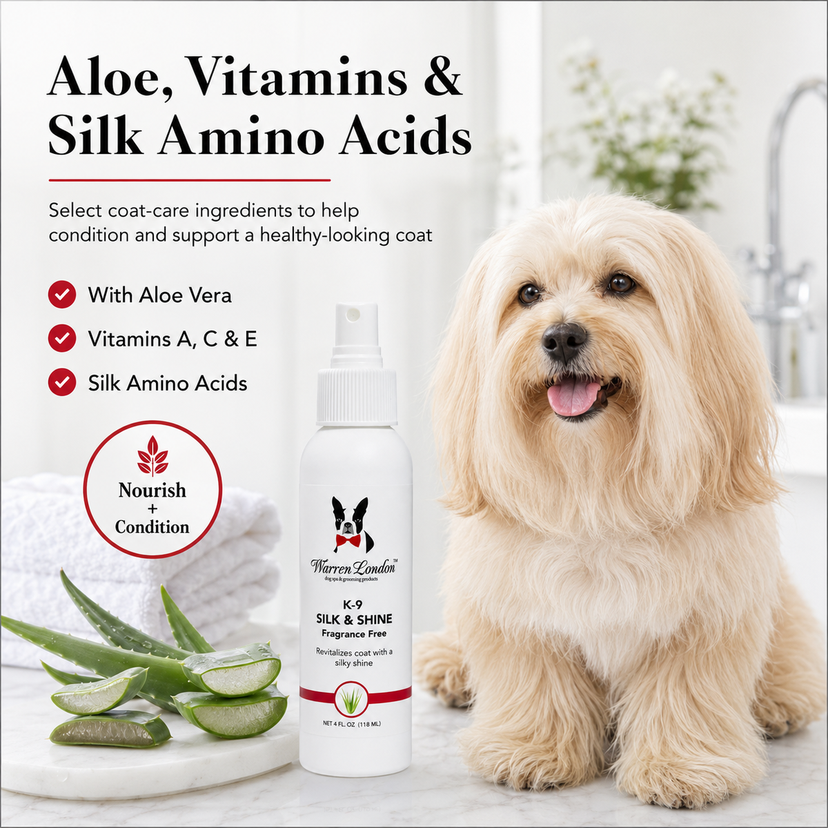 Southlake Paws K9 Silk & Shine spray bottle with a fluffy dog, aloe vera, and text highlighting coat care benefits.