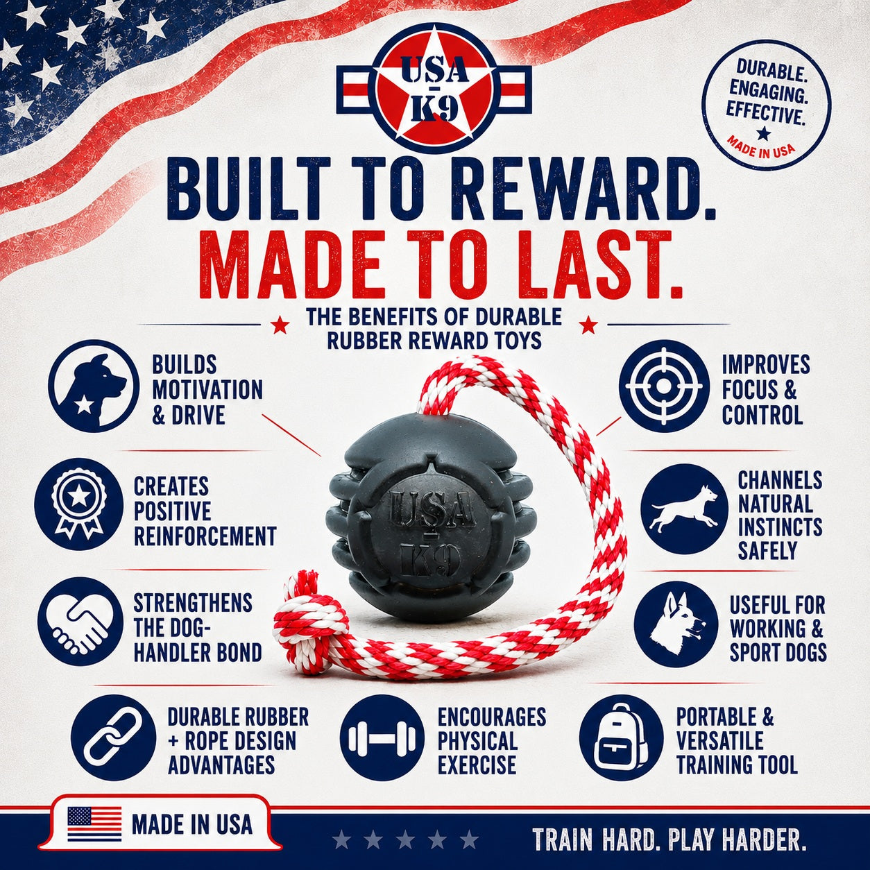USA-K9 Magnum Black Stars and Stripes Ultra-Durable  Rubber Chew Toy, Reward Toy, Tug Toy, and Retrieving Toy - Black