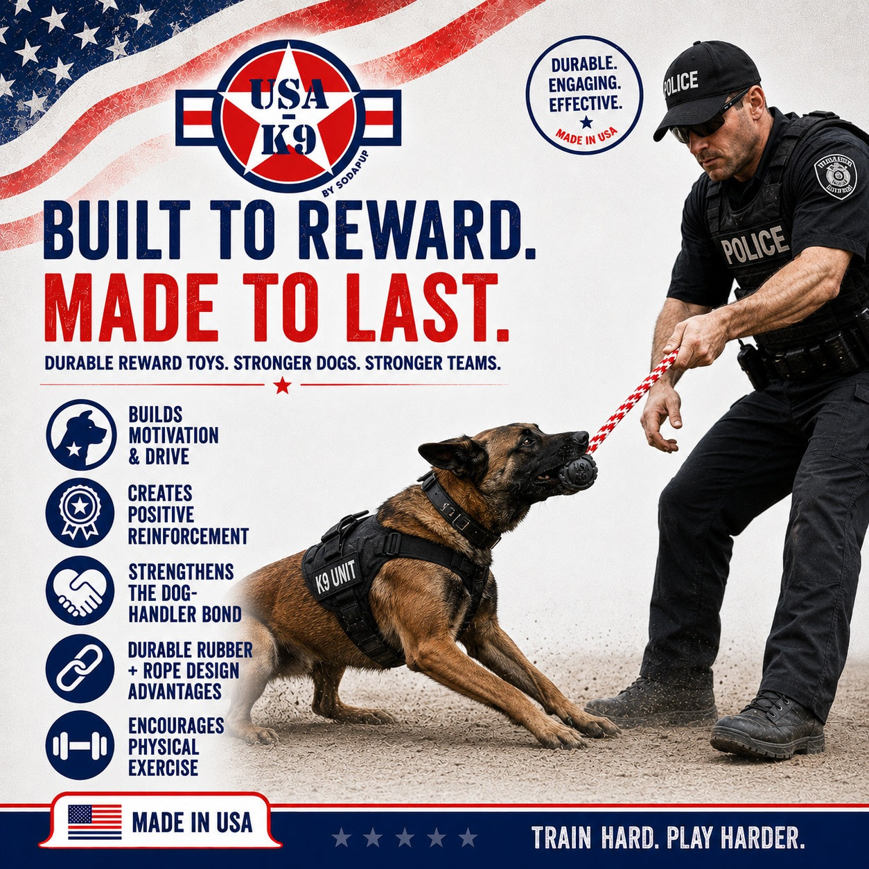 USA-K9 Magnum Black Stars and Stripes Ultra-Durable  Rubber Chew Toy, Reward Toy, Tug Toy, and Retrieving Toy - Black
