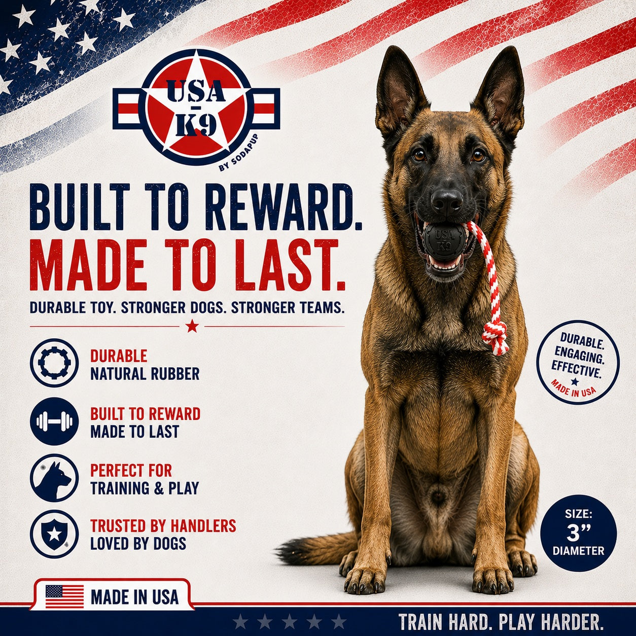 USA-K9 Magnum Black Stars and Stripes Ultra-Durable  Rubber Chew Toy, Reward Toy, Tug Toy, and Retrieving Toy - Black