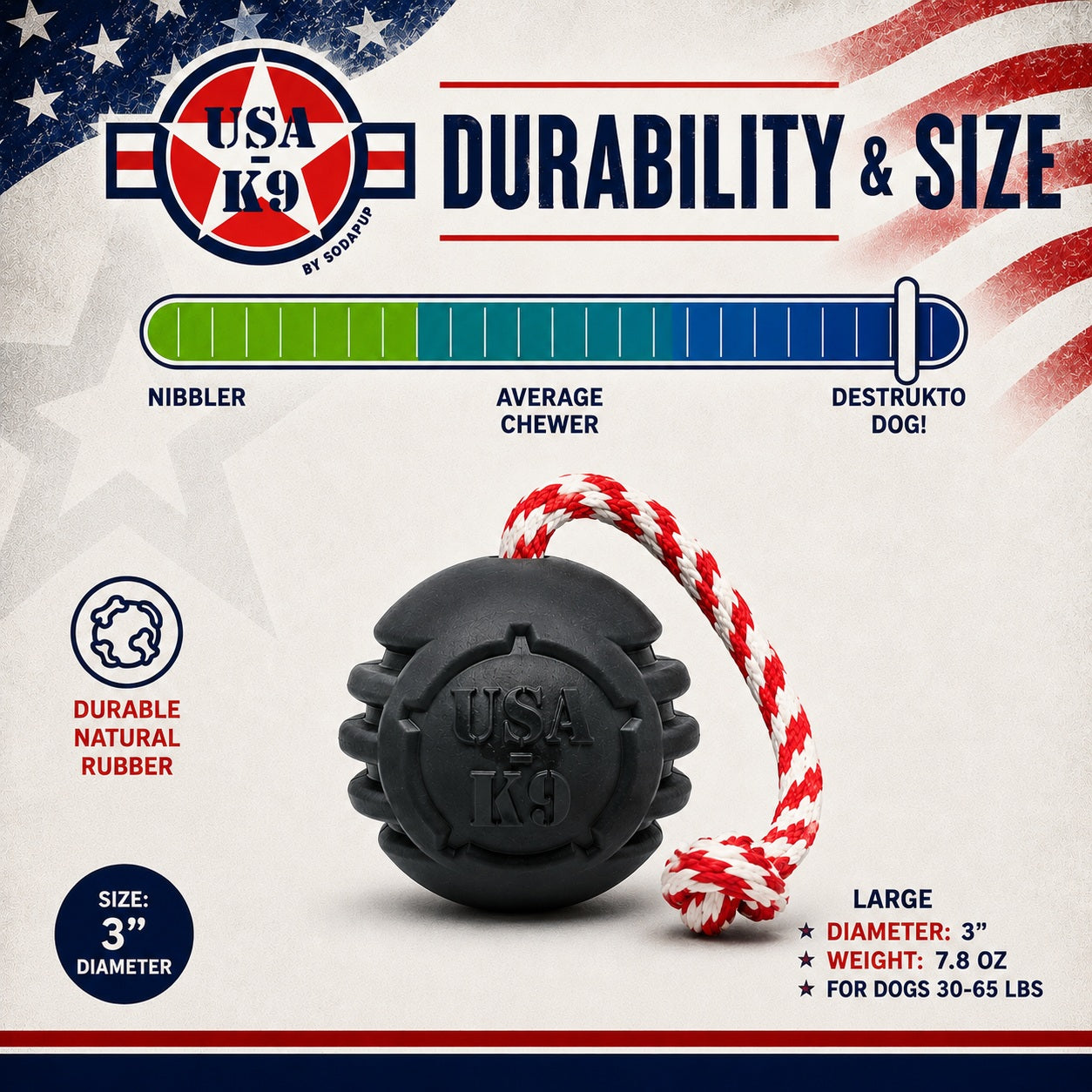 USA-K9 Magnum Black Stars and Stripes Ultra-Durable  Rubber Chew Toy, Reward Toy, Tug Toy, and Retrieving Toy - Black