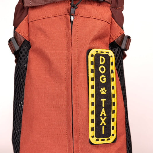 Orange dog backpack featuring a black and yellow "DOG TAXI" patch with a paw print design. Ideal for pet transport.