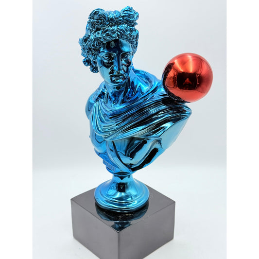 Apollo Sculpture - Blue Chrome with Red Balloon - blue chrome balloon red apollo sculpture, luxury sculpture, product image 2