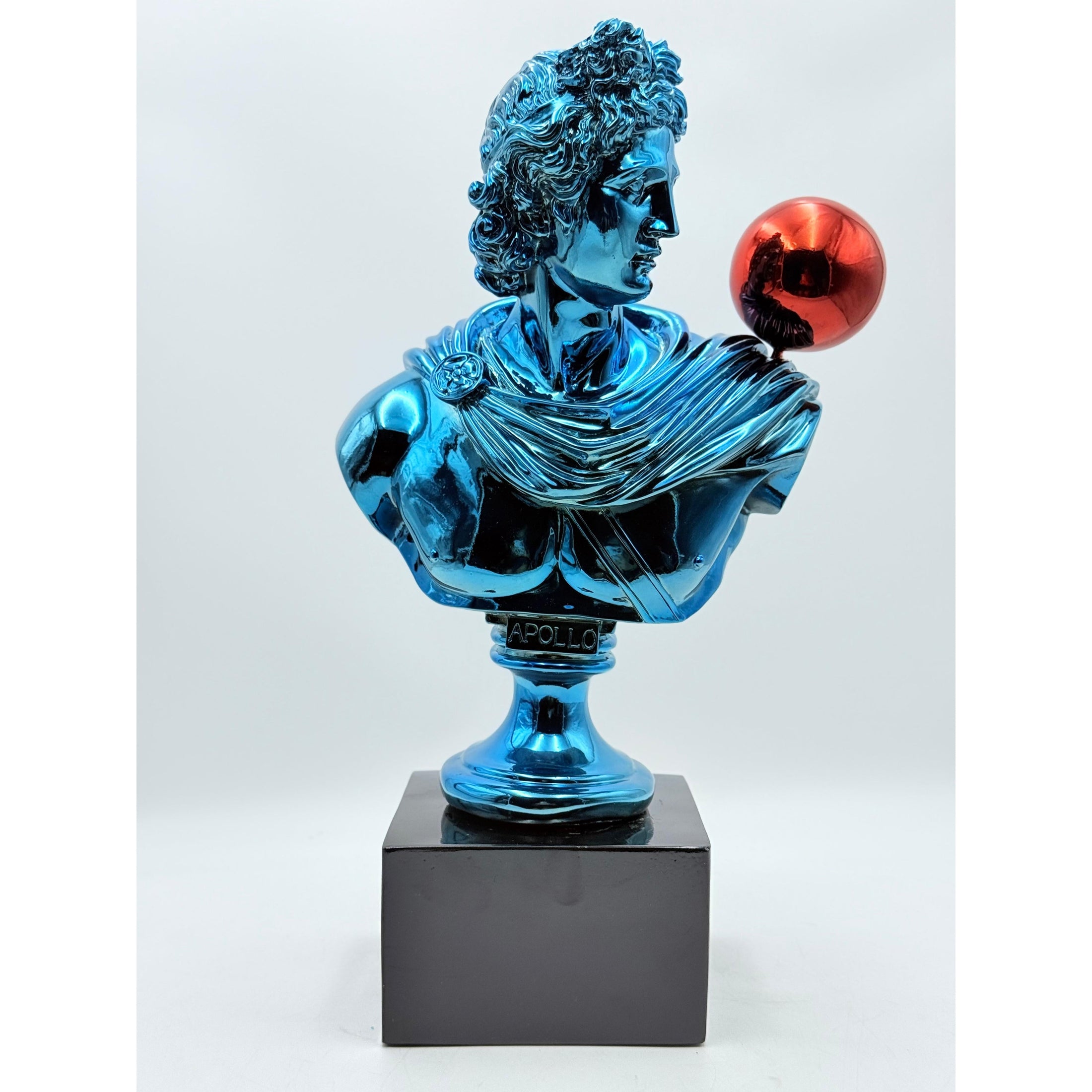 Apollo Sculpture - Blue Chrome with Red Balloon - blue chrome balloon red apollo sculpture, luxury sculpture, product image 4
