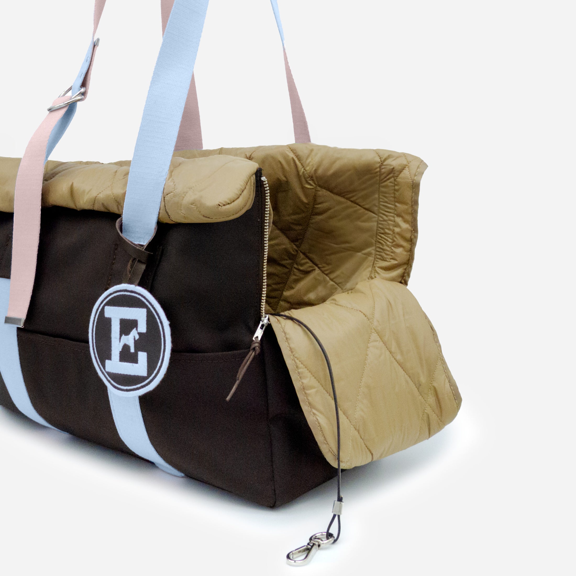 Brown nylon dog carrier bag with removable quilted lining