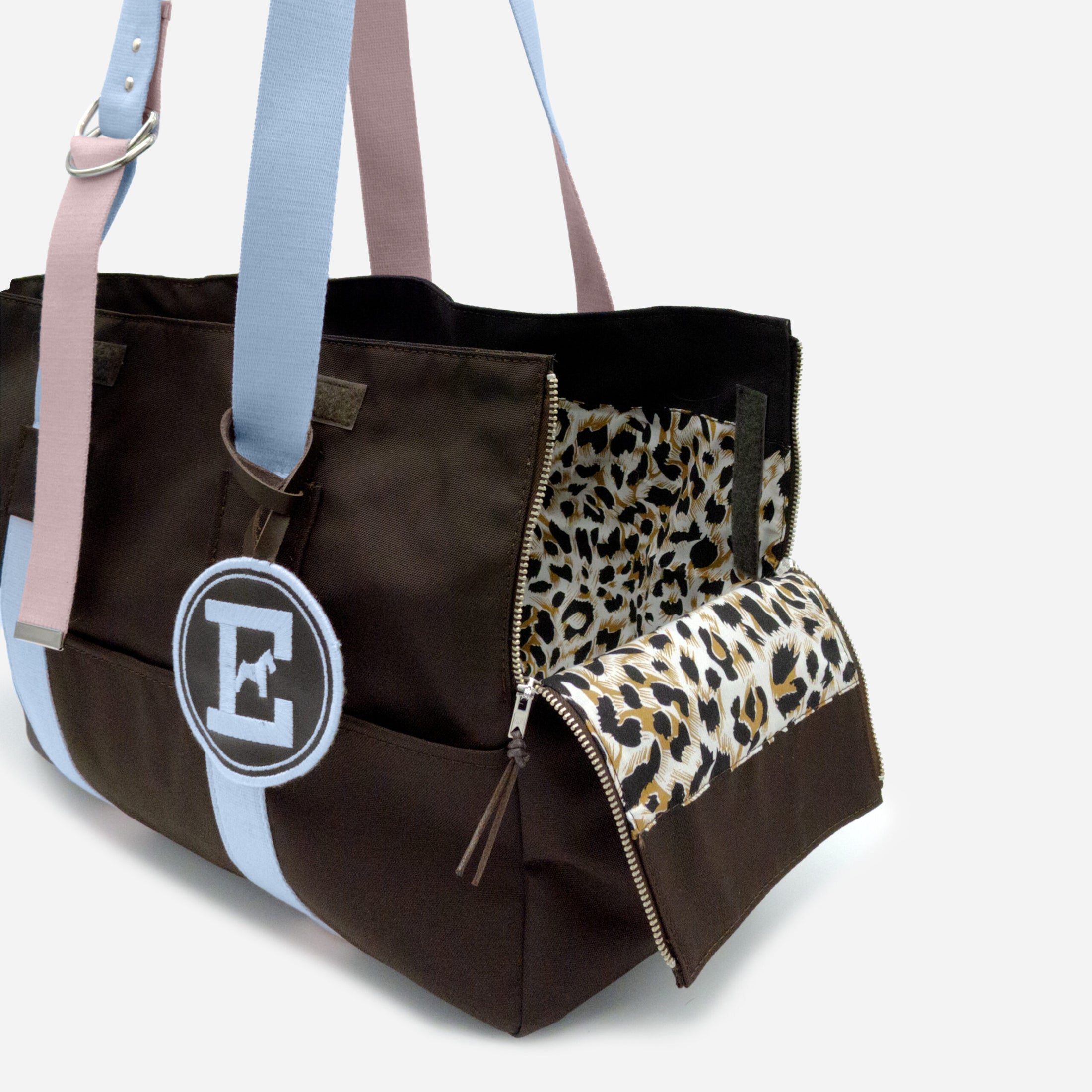 Brown nylon dog carrier bag with removable quilted lining