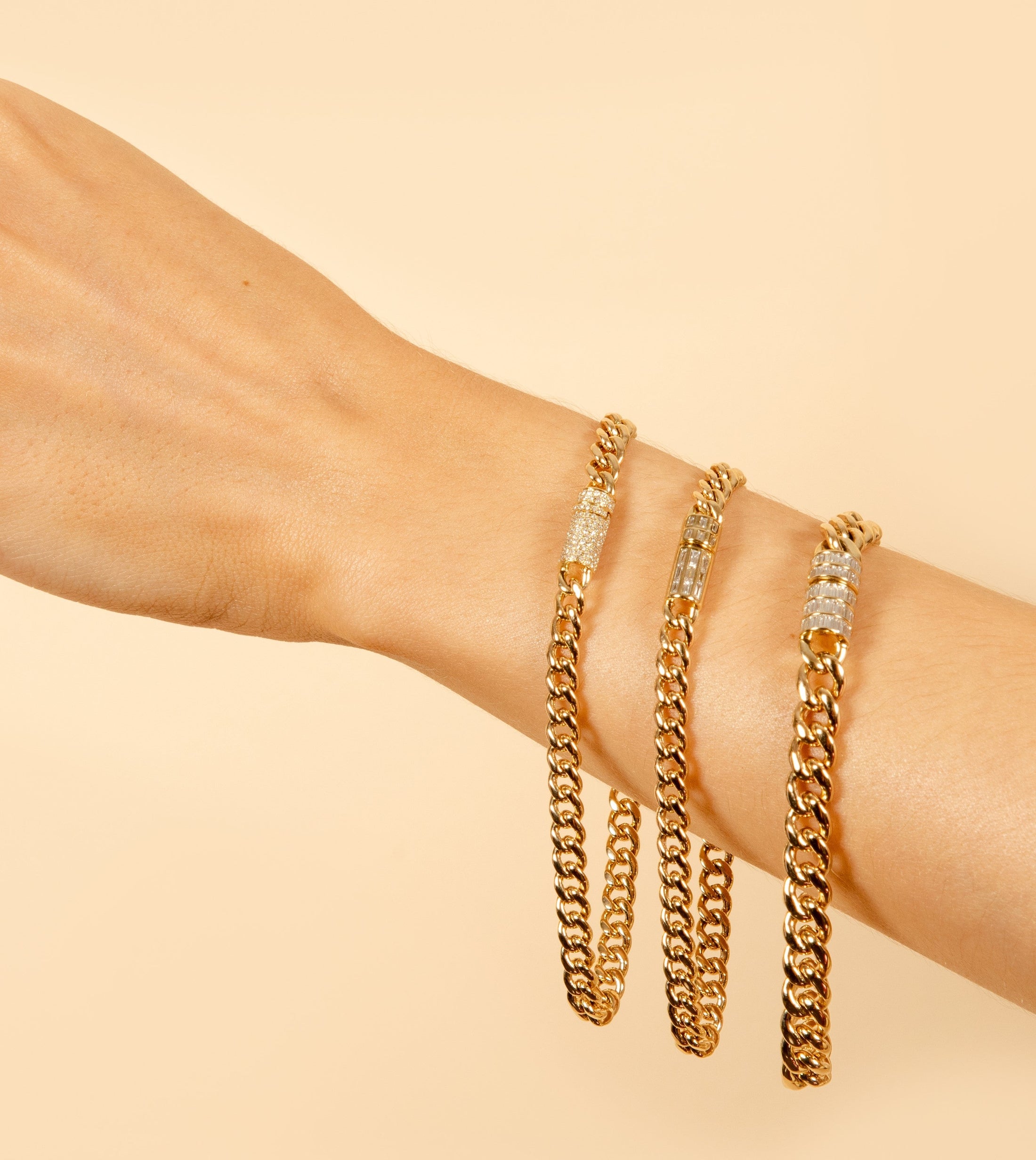 OLIVE & CHAIN Diamond Baguette Lock Cuban Bracelet - Yellow Gold, 7.5 inch