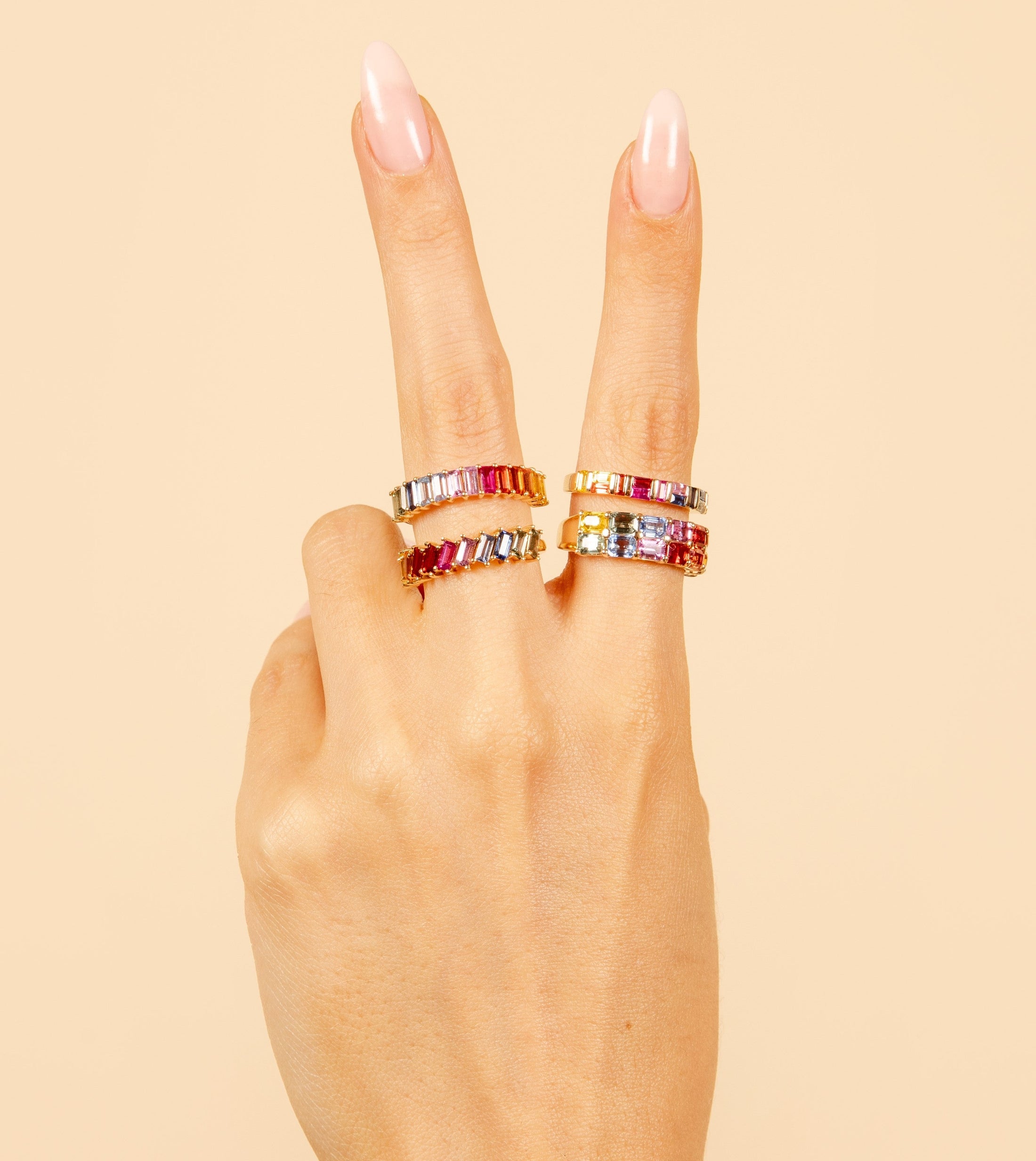 OLIVE & CHAIN Rainbow Sapphire Baguette Band - Yellow Gold, 5.5