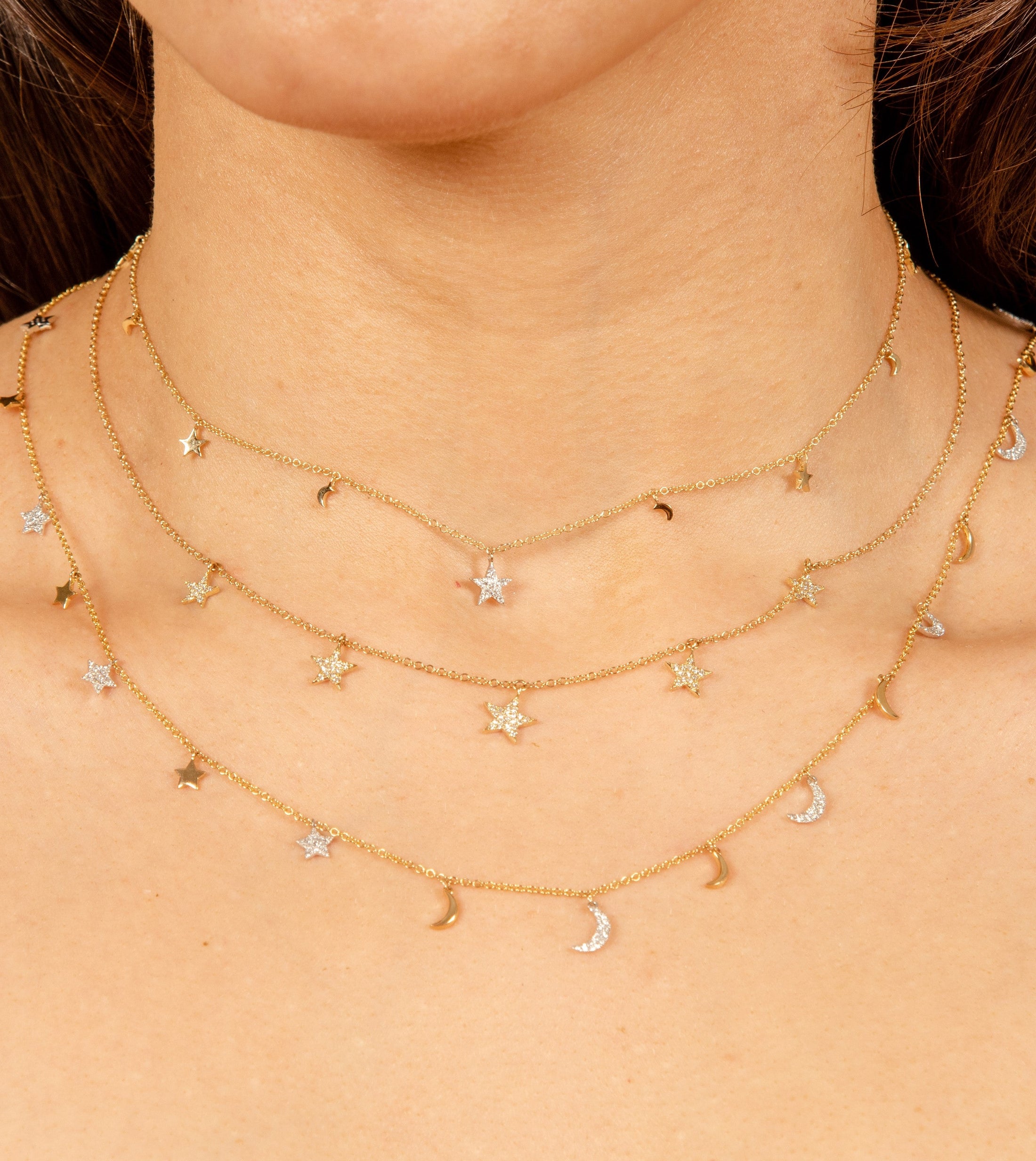 OLIVE & CHAIN Diamond Star & Moon Charm Necklace