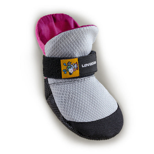 Southlake Paws Lavasox in Pink Sorbet features a gray and pink design with a sturdy black sole and adjustable strap.