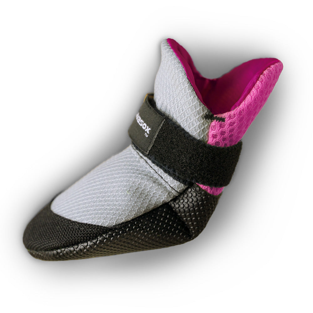 Southlake Paws Lavasox in Pink Sorbet features a gray and pink design with a black sole and adjustable strap for pet footwear