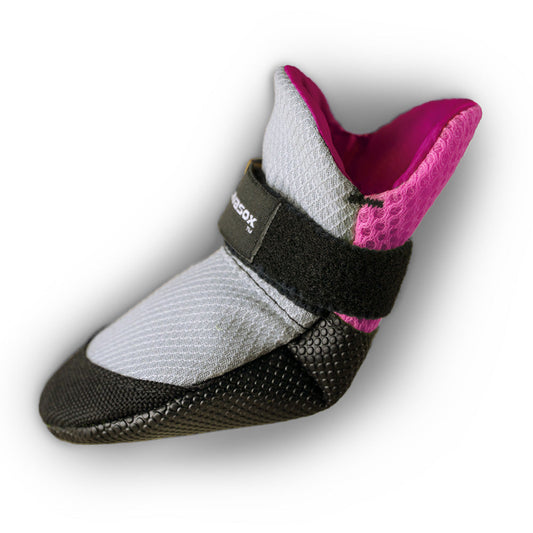 Southlake Paws Lavasox in Pink Sorbet features a gray and pink design with a black sole and adjustable strap for pet footwear