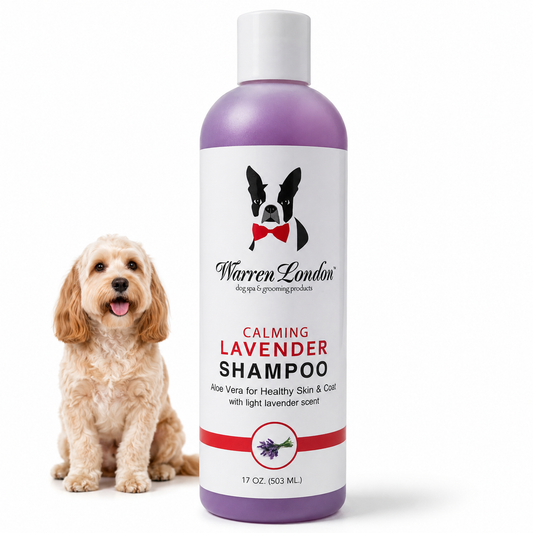 Calming Lavender Dog Shampoo by Southlake Paws, 17 oz bottle with a light lavender scent, featuring aloe vera and essential o