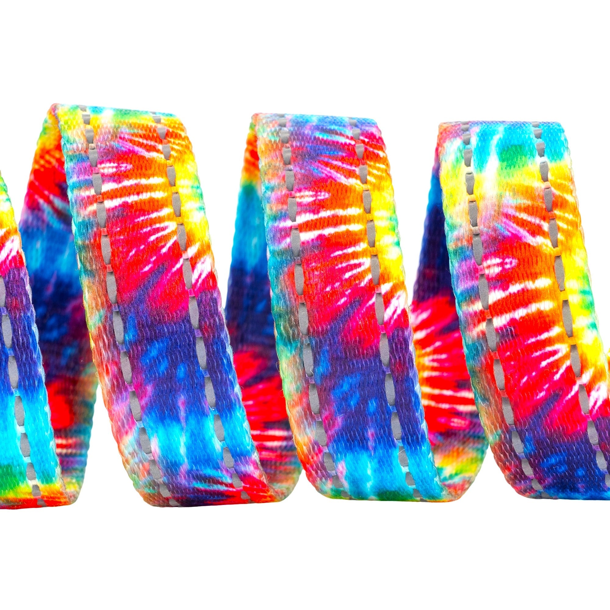 Colorful tie-dye dog leash by EcoBark featuring a padded comfort grip, available in 4ft, 5ft, and 6ft lengths for small and m
