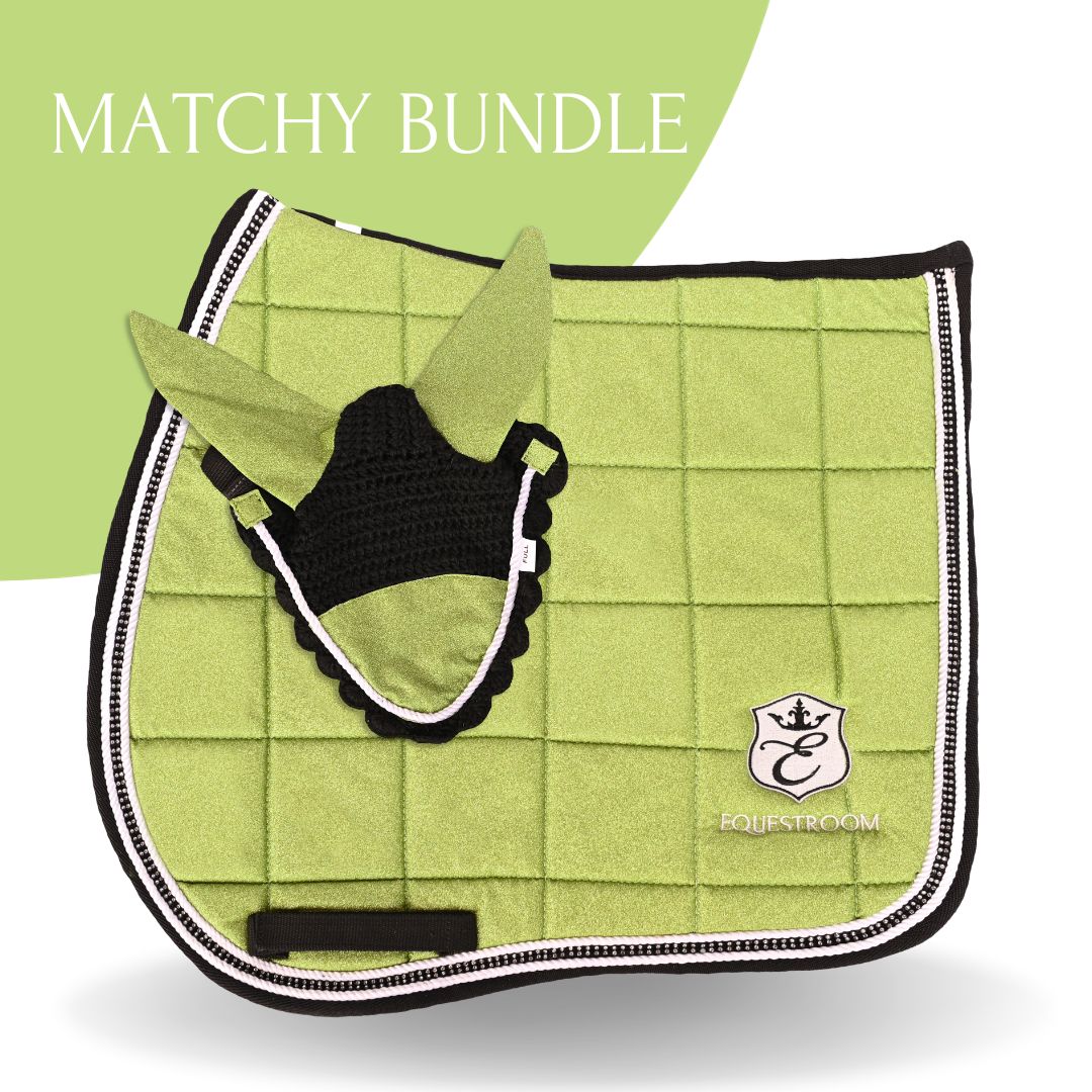 Lemongrass Saddle Pad Set by Southlake Paws featuring a vibrant green saddle pad and matching ear bonnet.
