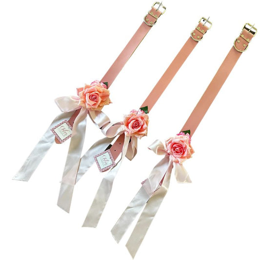 Light Pink Rose on Pink Leather Large Dog Wedding Collar - Handmade