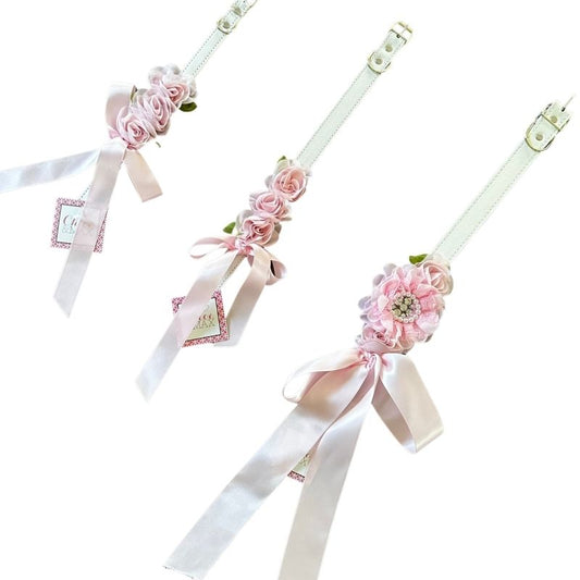 Light Pink Silk Flowers Wedding Dog Collar - Handmade
