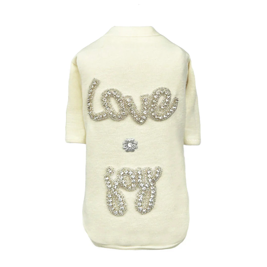 Love n Joy Dog Tee Ivory Cotton Swarovski Crystals Crystal Handmade Dog T - Shirt - Designer Dog Clothes from Southlake Paws