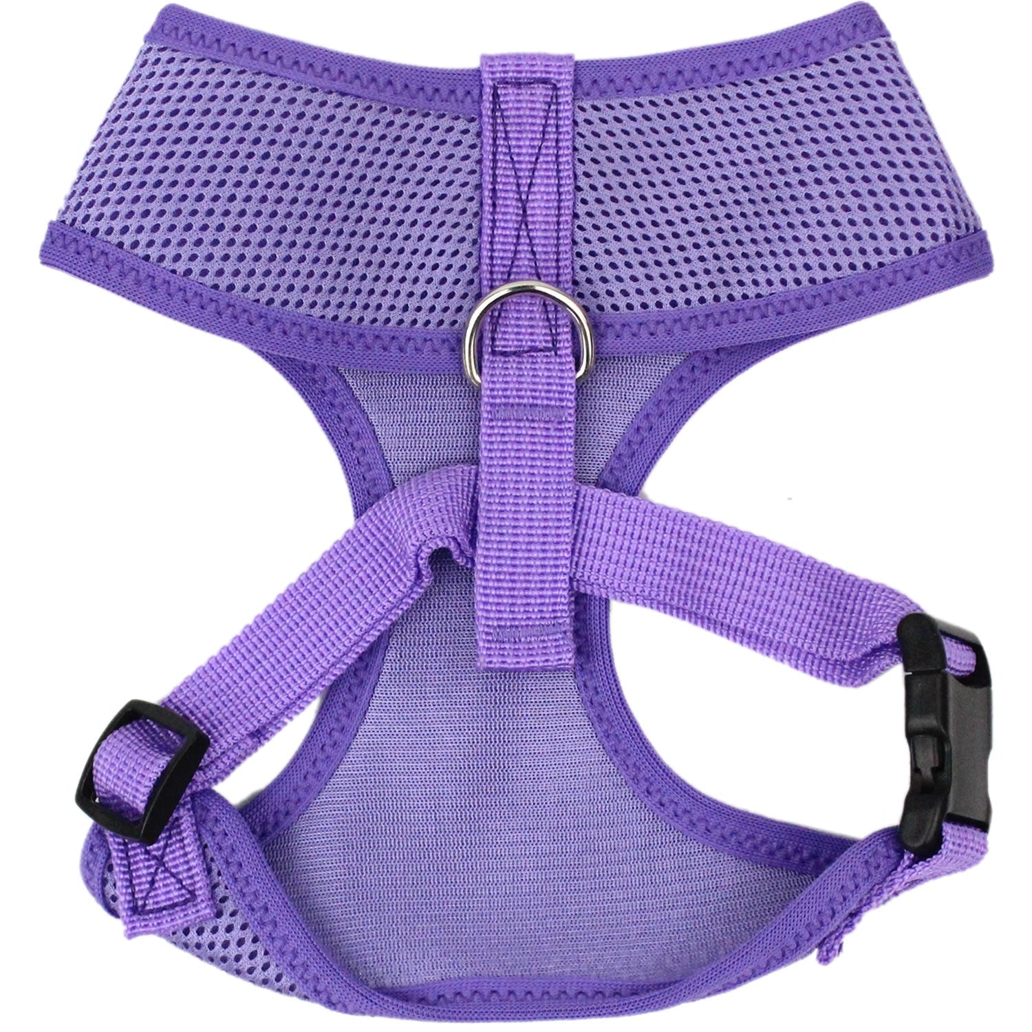 Adjustable lilac pet harness with breathable mesh, featuring a D-ring and buckles for a customizable fit for dogs and cats.