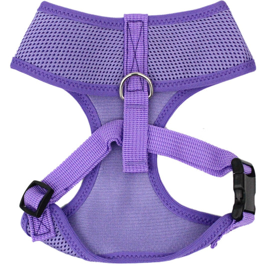 Adjustable lilac pet harness with breathable mesh, featuring a D-ring and buckles for a customizable fit for dogs and cats.