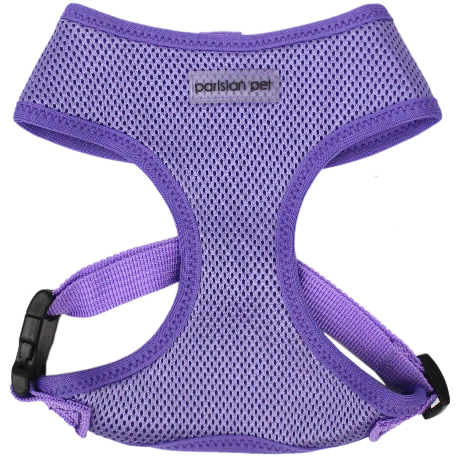 Adjustable lilac pet harness by Parisian Pet, featuring a breathable mesh design for comfort and durability.