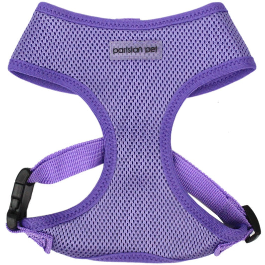 Adjustable lilac pet harness by Parisian Pet, featuring a breathable mesh design for comfort and durability.
