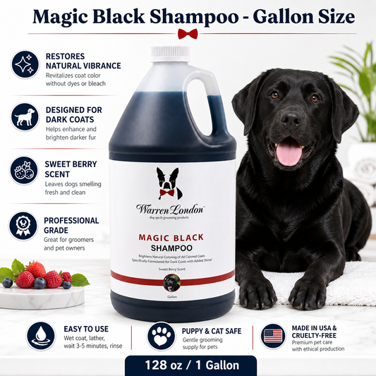 Magic Black Brightening Dog Shampoo - Professional Size in a gallon container, designed for dark coats, with a black dog and 