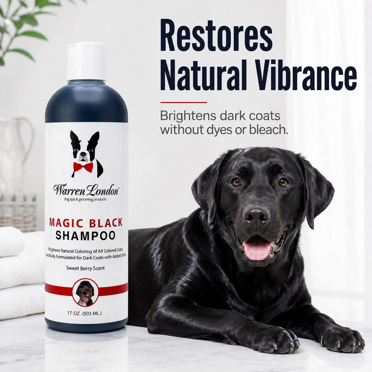 Southlake Paws Magic Black Brightening Dog Shampoo in a bottle with a dog beside it, promoting vibrant dark coats.