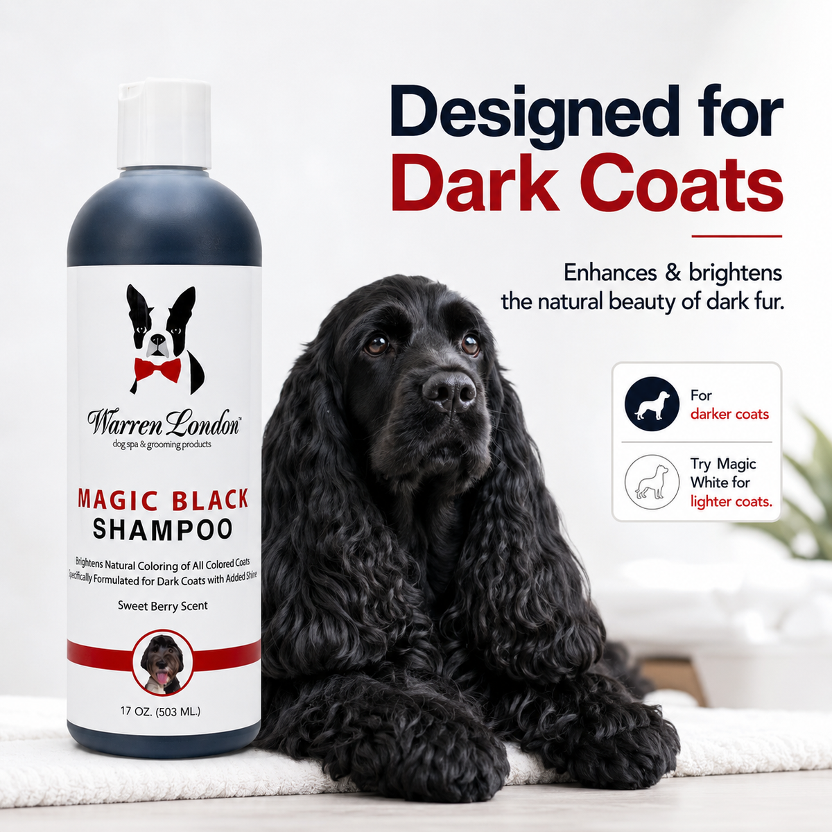 Magic Black Brightening Dog Shampoo by Southlake Paws, 17 oz bottle, enhances dark coats with a sweet berry scent.