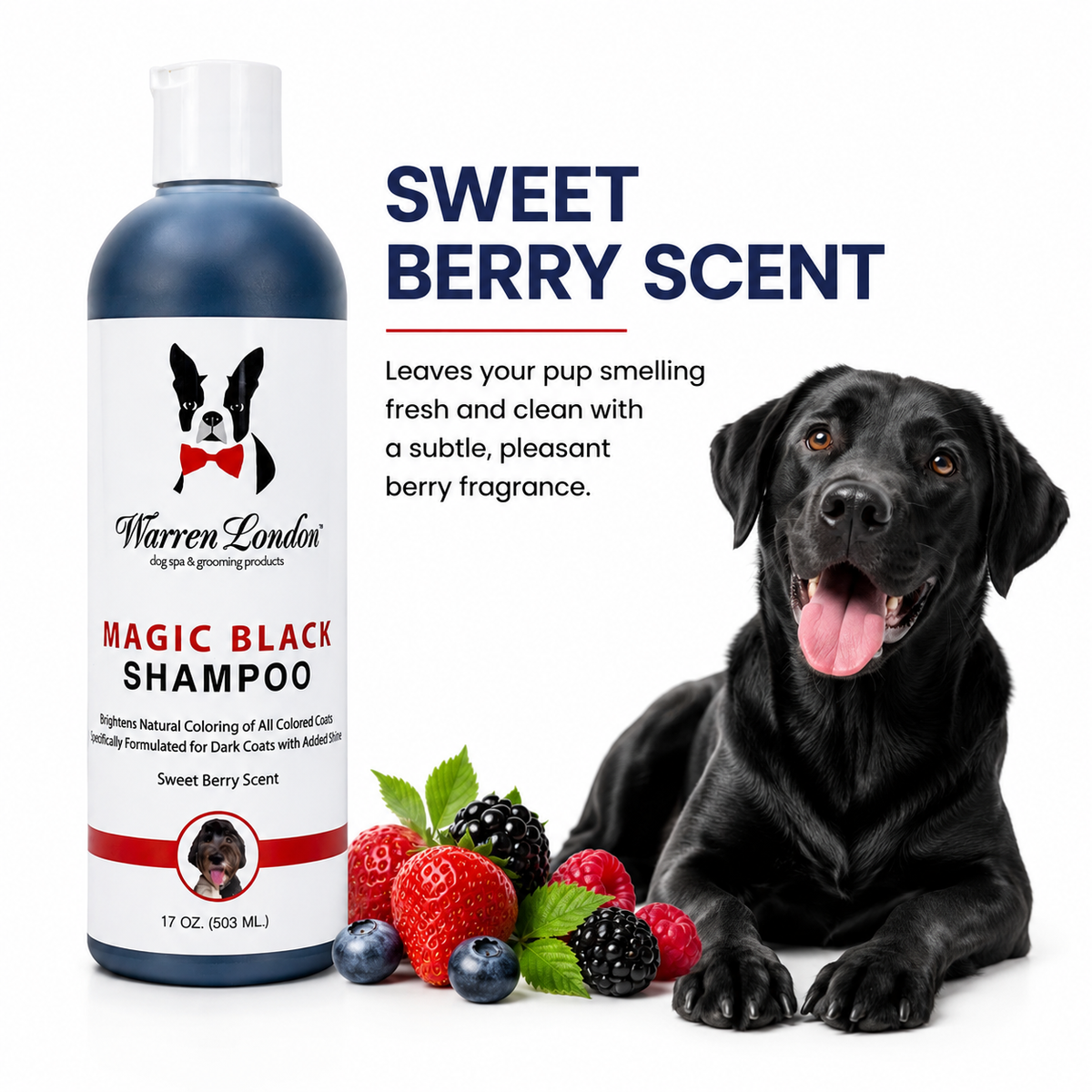 Southlake Paws Magic Black Brightening Dog Shampoo in a bottle with a black dog and berries, featuring a sweet berry scent.