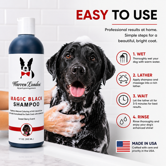 Southlake Paws Magic Black Brightening Dog Shampoo bottle in a bathroom setting, featuring a happy dog in a bath.