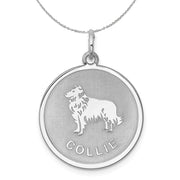 Sterling Silver Laser Etched Collie Dog 19mm Necklace