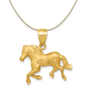 14k Yellow Gold Satin and Diamond Cut Horse Necklace, 22mm