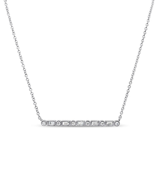 OLIVE & CHAIN Diamond Baguette & Round Bar Necklace - White Gold