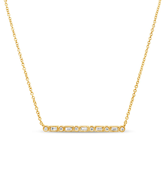 OLIVE & CHAIN Diamond Baguette & Round Bar Necklace - Yellow Gold