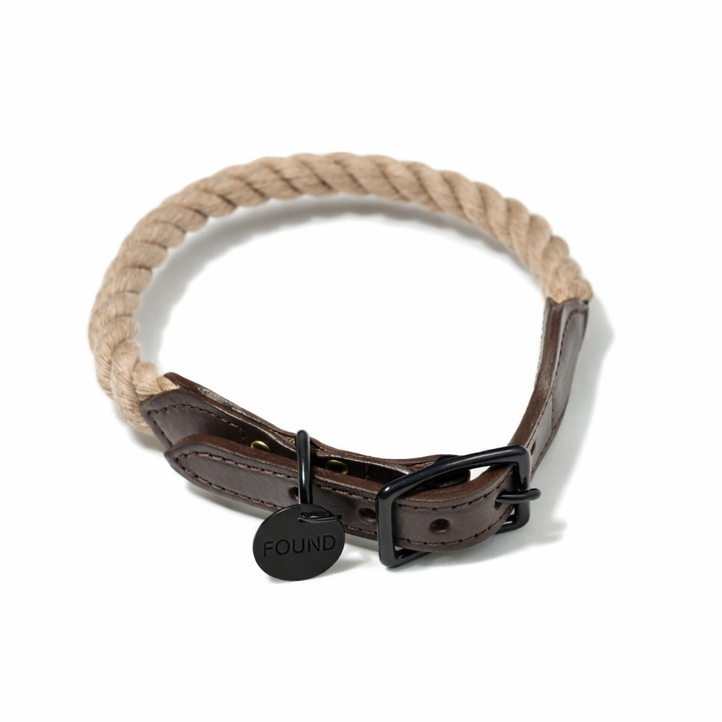 Dog Collars Premium New! Matte Black/Natural Rope & Leather Cat & Dog Collar - Southlake Paws