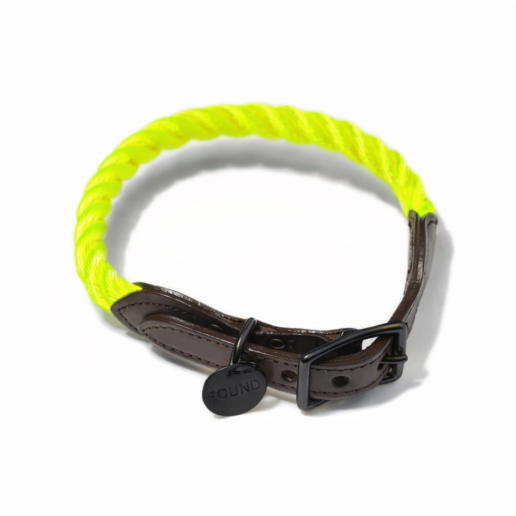 Neon Yellow Rope Cat & Dog Collar – Matte Black Hardware