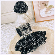 Luxury Black Tweed Rhinestone Dog Dress with Hat – Elegant French Couture Style