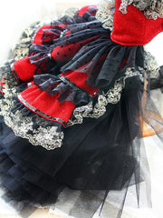 Victorian-Inspired Red and Black Lace Dog Trailing Dress Gothic Pet Gown Clinoline 