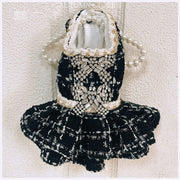 Luxury Black Tweed Rhinestone Dog Dress with Hat – Elegant French Couture Style