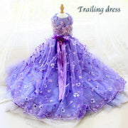 Handmade Luxury Pet Trailing Dress Dogs Cats Floral Embroidered Purple Gown 