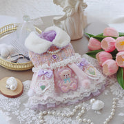 Handmade Teddy Puppy Dress Pink Lace Tweed Skirt