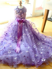 Handmade Luxury Pet Trailing Dress Dogs Cats Floral Embroidered Purple Gown 